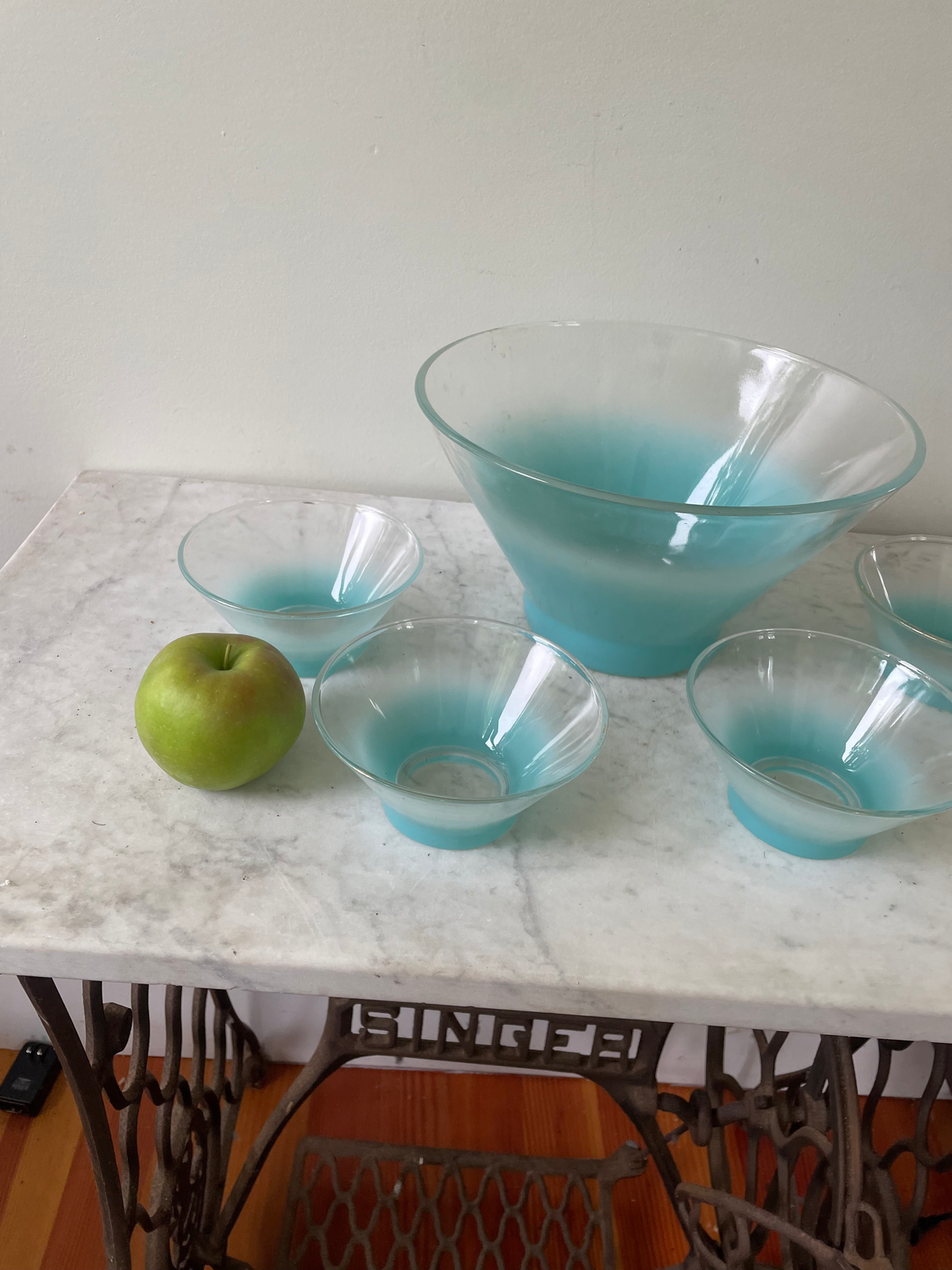 Mid Century Blendo Ombré Turquoise Glass Serving Bowl With 4 Small Side Bowls