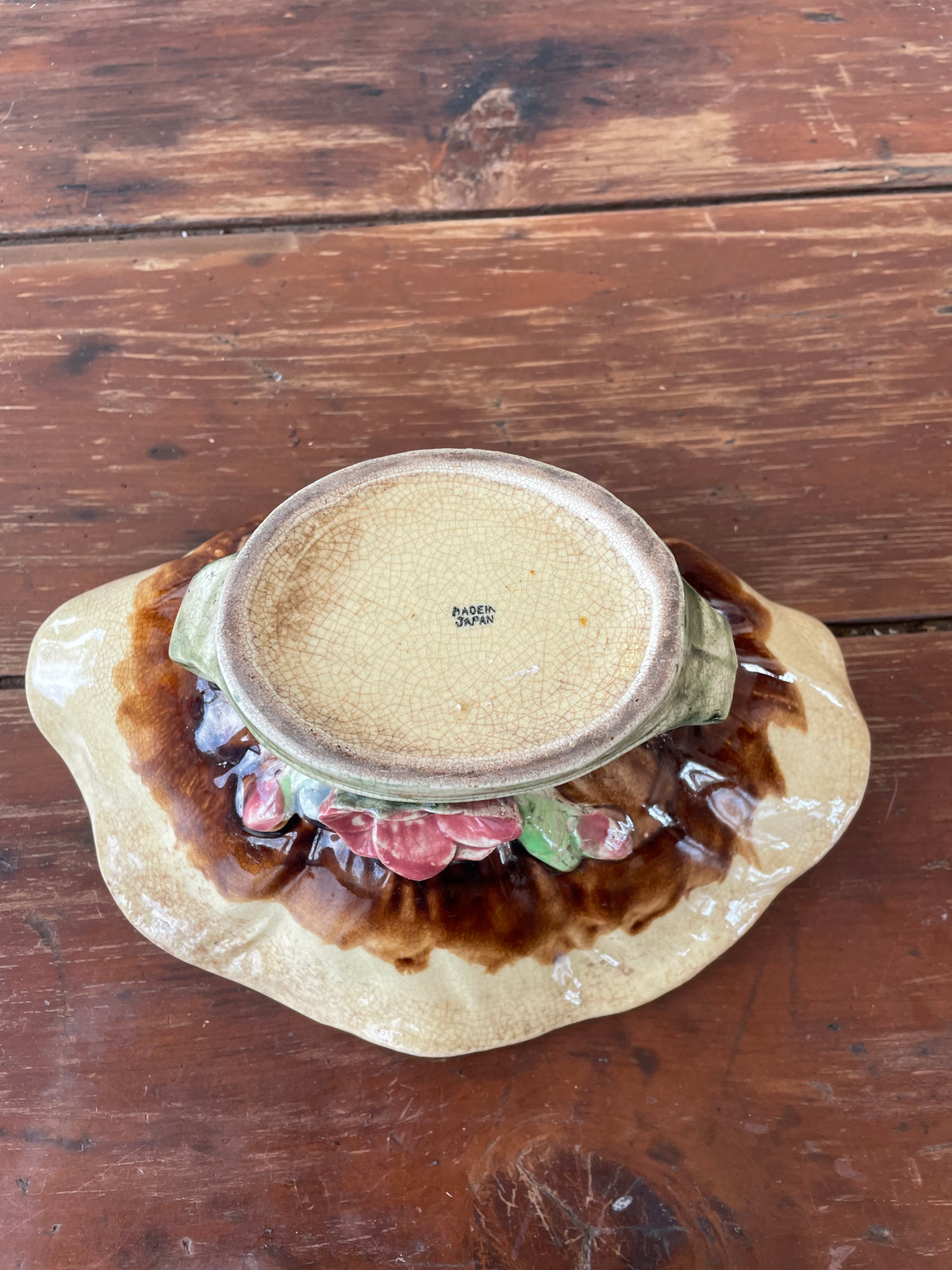 Vintage Majolica Seashell Pedestal Bowl With Flower Base