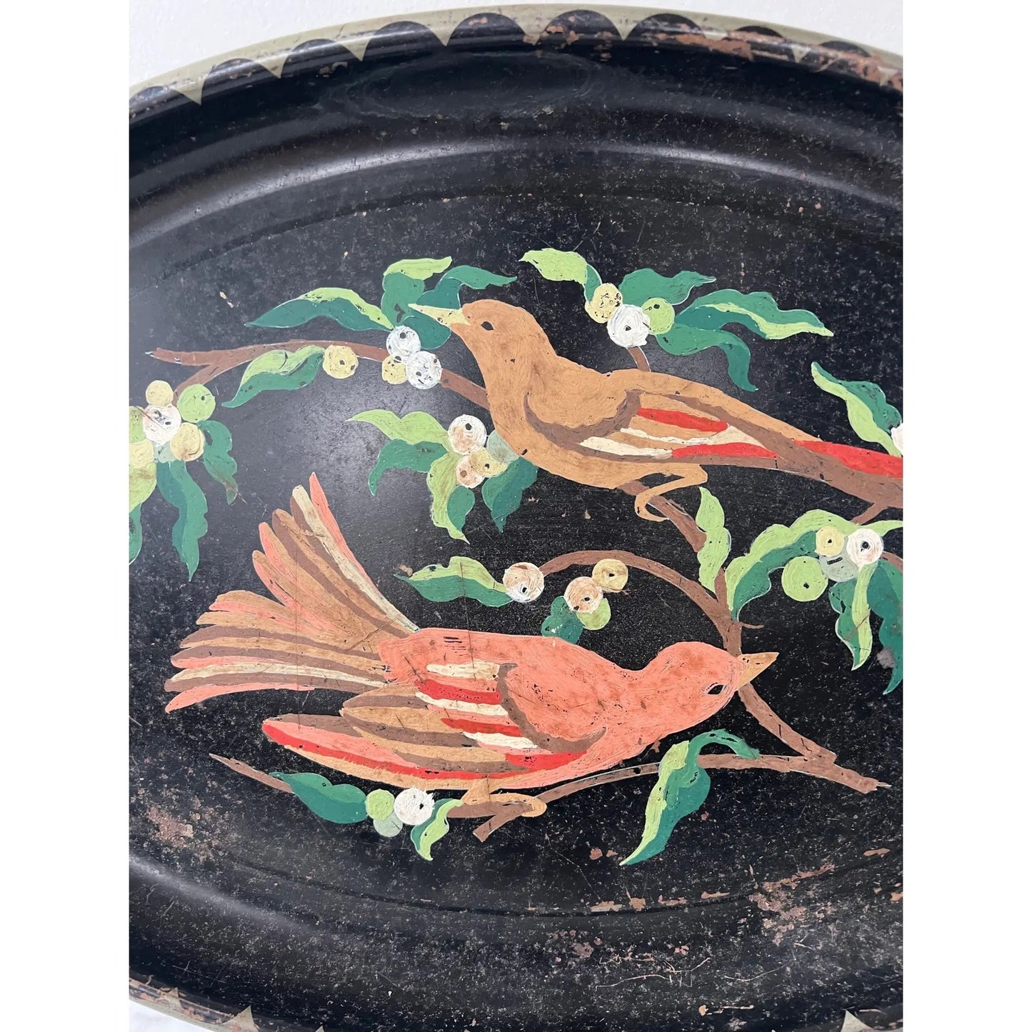 Vintage Hand-Painted Oval Metal Tray With Two Birds and Juniper Berries
