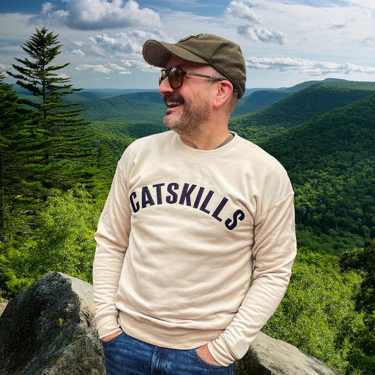 Limited Edition: Catskills Letterman Felt Crewneck Sweatshirt: Oat w/ Navy Lettering