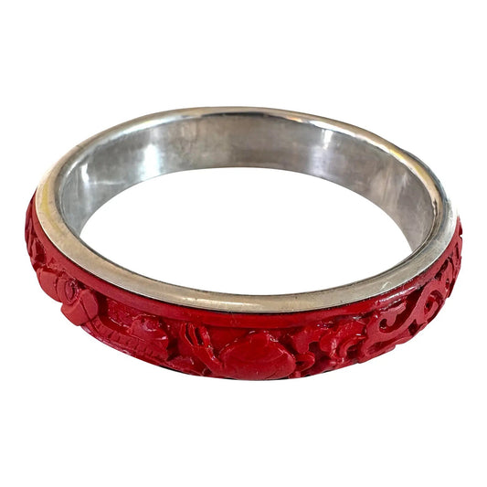 Vintage Sterling Silver and Cinnabar Bangle Bracelet