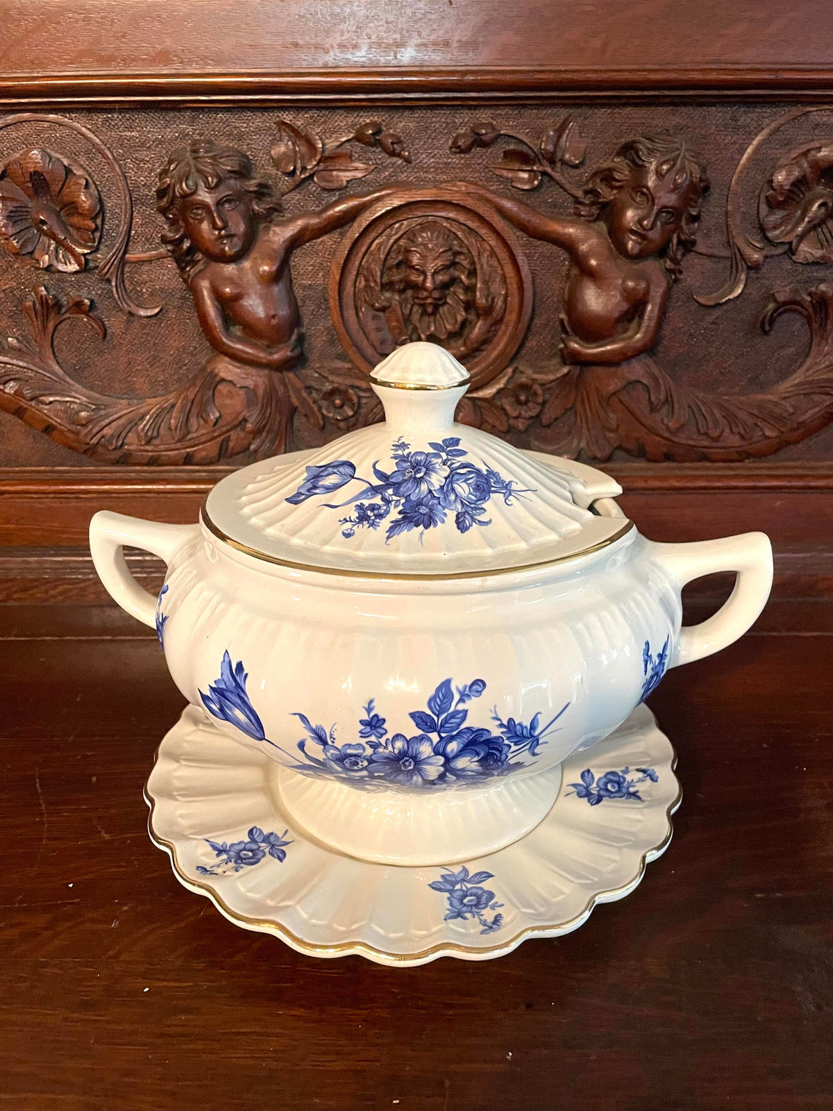 Blue and White Ceramic Soup Tureen With Lid and Dish