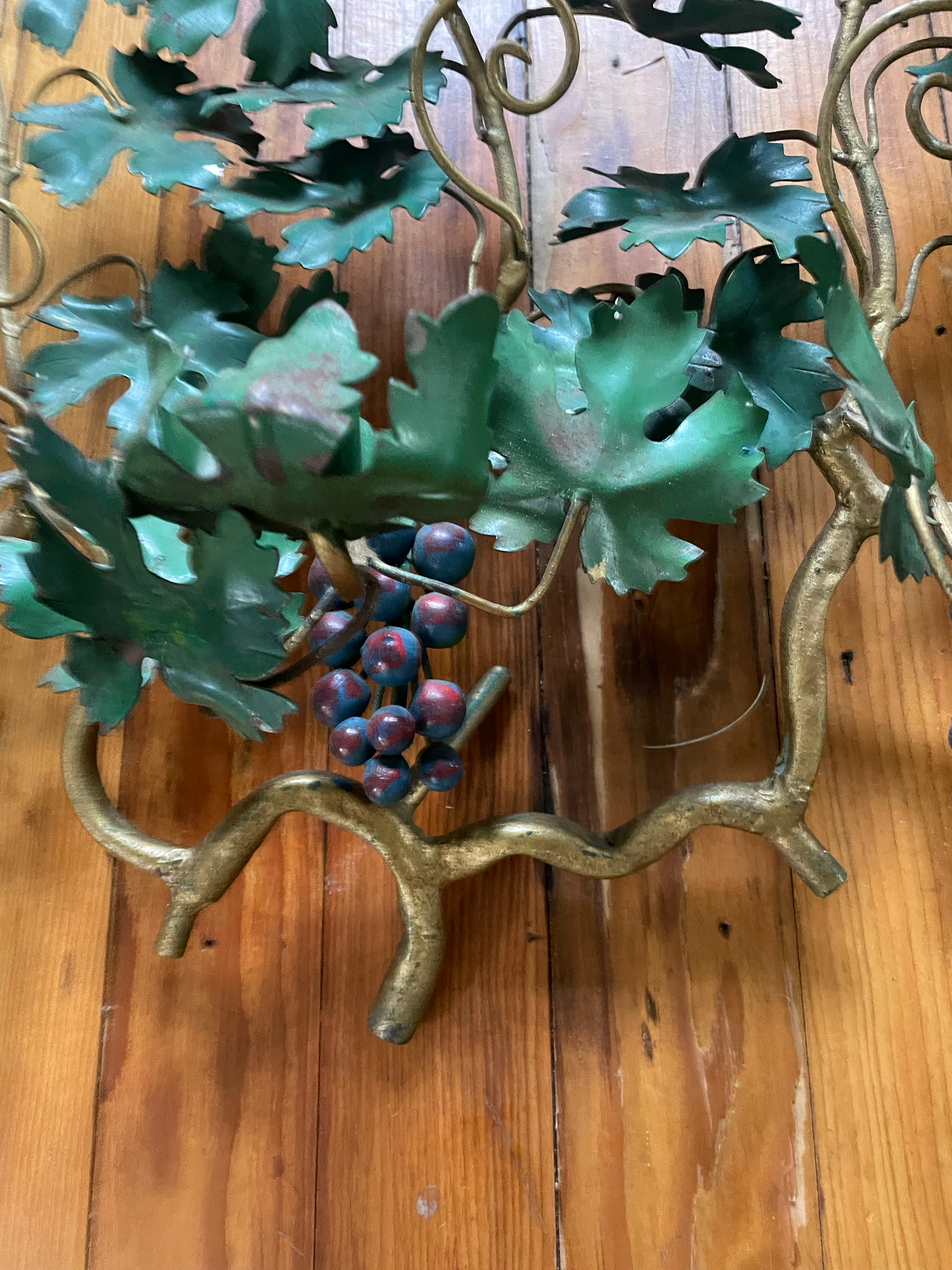Italian Mid Century Painted Metal Tole Iron Leaf and Grapes Candle Scones