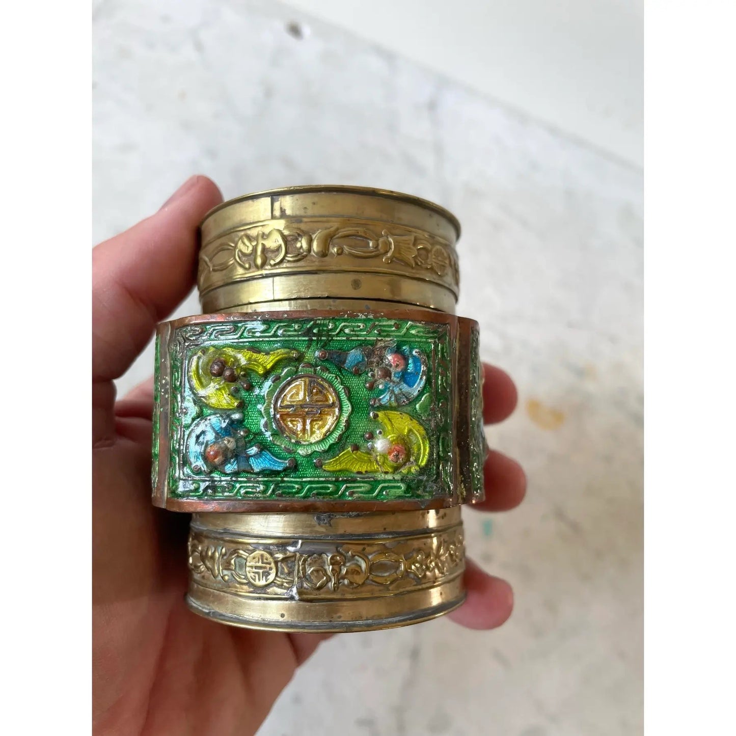 Antique Chinese Brass and Enamel Tea Box