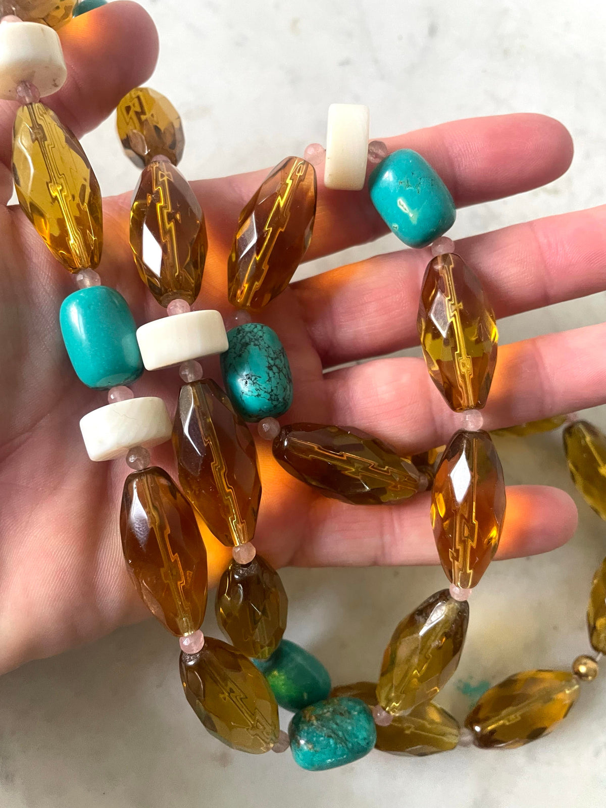 Turquoise, Amber Glass and White Coral Necklace Designed by Matthew Izzo