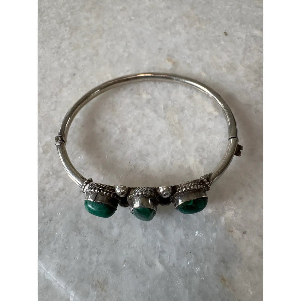 Sterling Silver and Malachite Handed Bangle Bracelet With Clasp