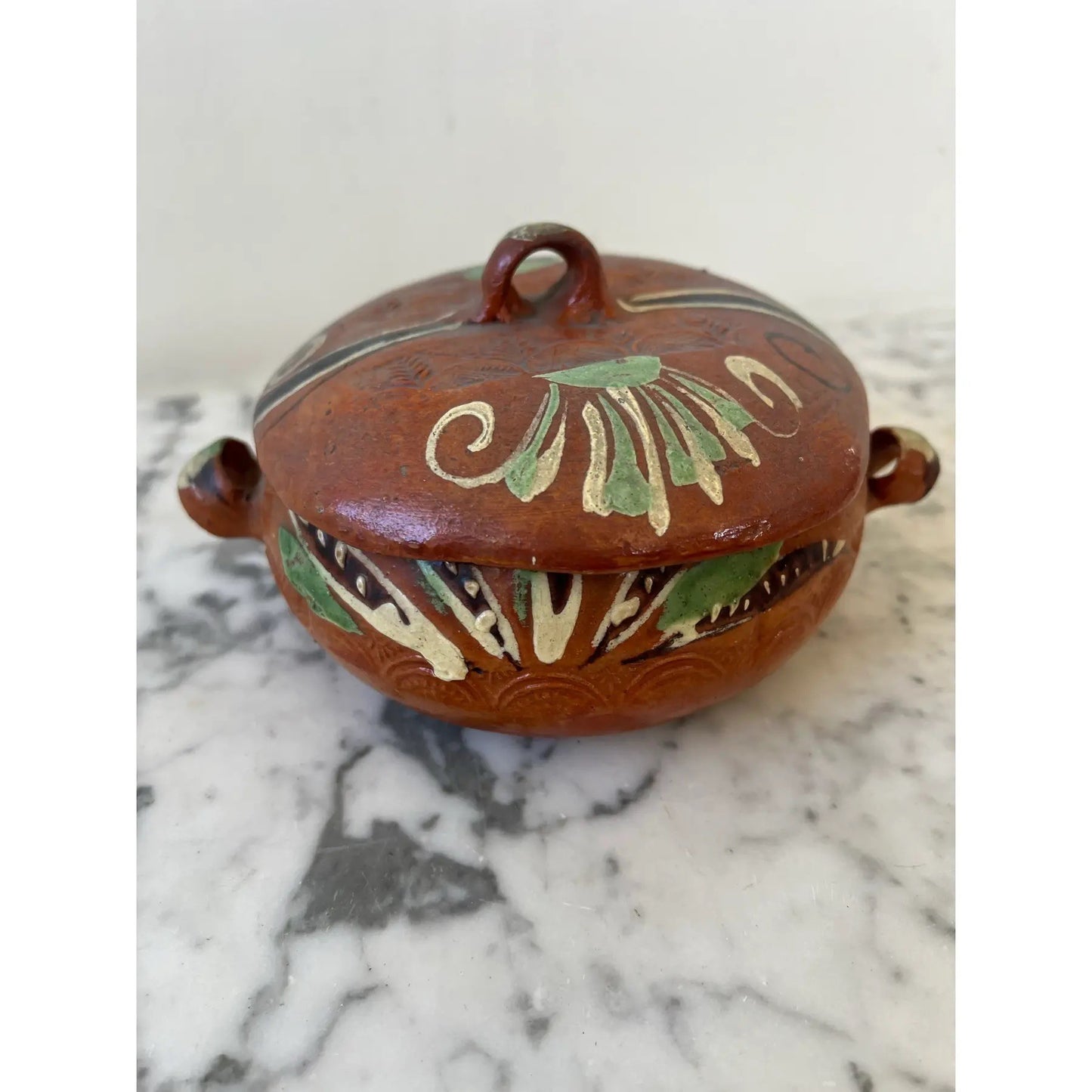 Hand Painted Mexican Terracotta Bowl With Lid Stamped Made in Mexico