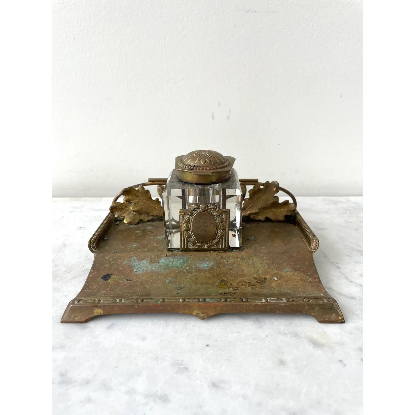 Art Nouveau Crystal and Brass Inkwell