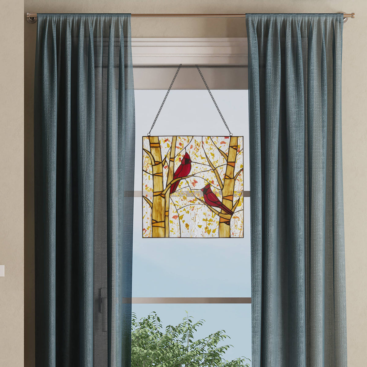 Stained Glass- Eden Red Cardinals in Autumn Window Panel 14"H