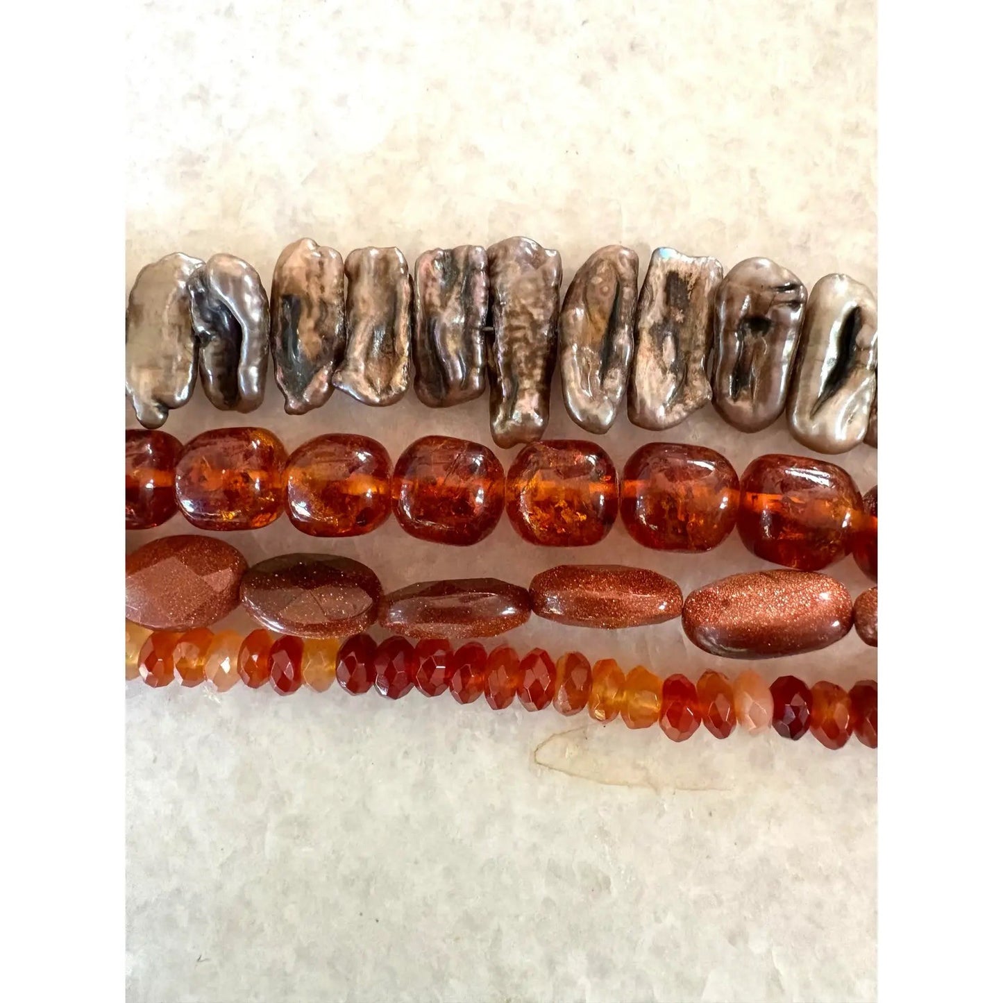 Vintage Multi-Strand Freshwater Pearls, Carnelian Amber, and Gold Tone Beaded Necklace