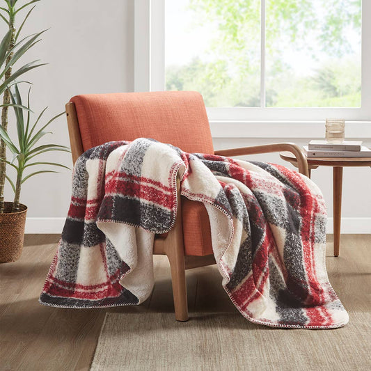 Plaid Catskills Red Faux Mohair Sherpa Throw