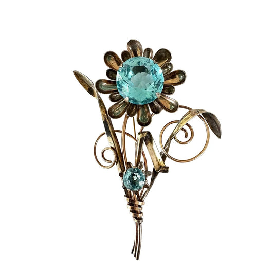 Broche Art Decó Relleno de Oro de 12k Firmado Harry Iskin Piedra Azul Grande