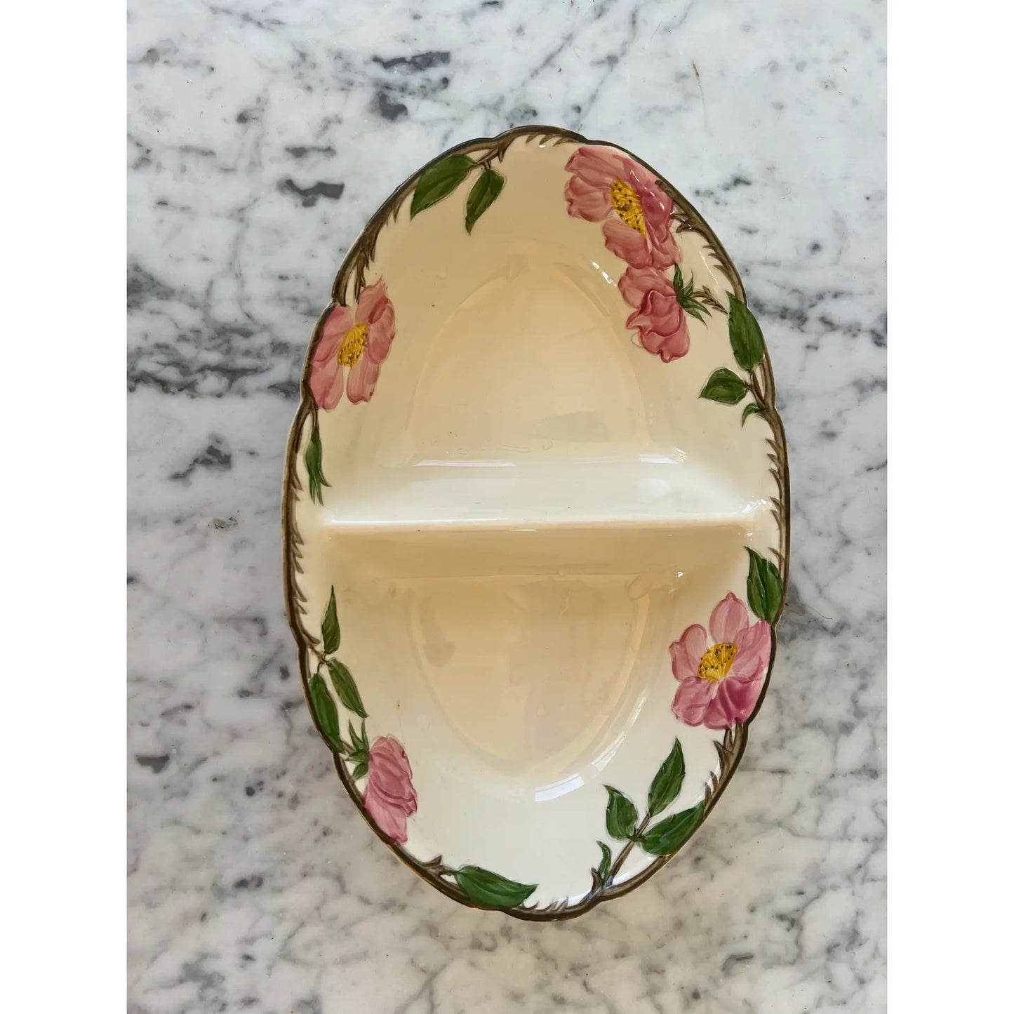 Franciscan Earthenware Pink & Green Floral, Oval Sectioned Serving Bowl - Oven Safe and Stamped