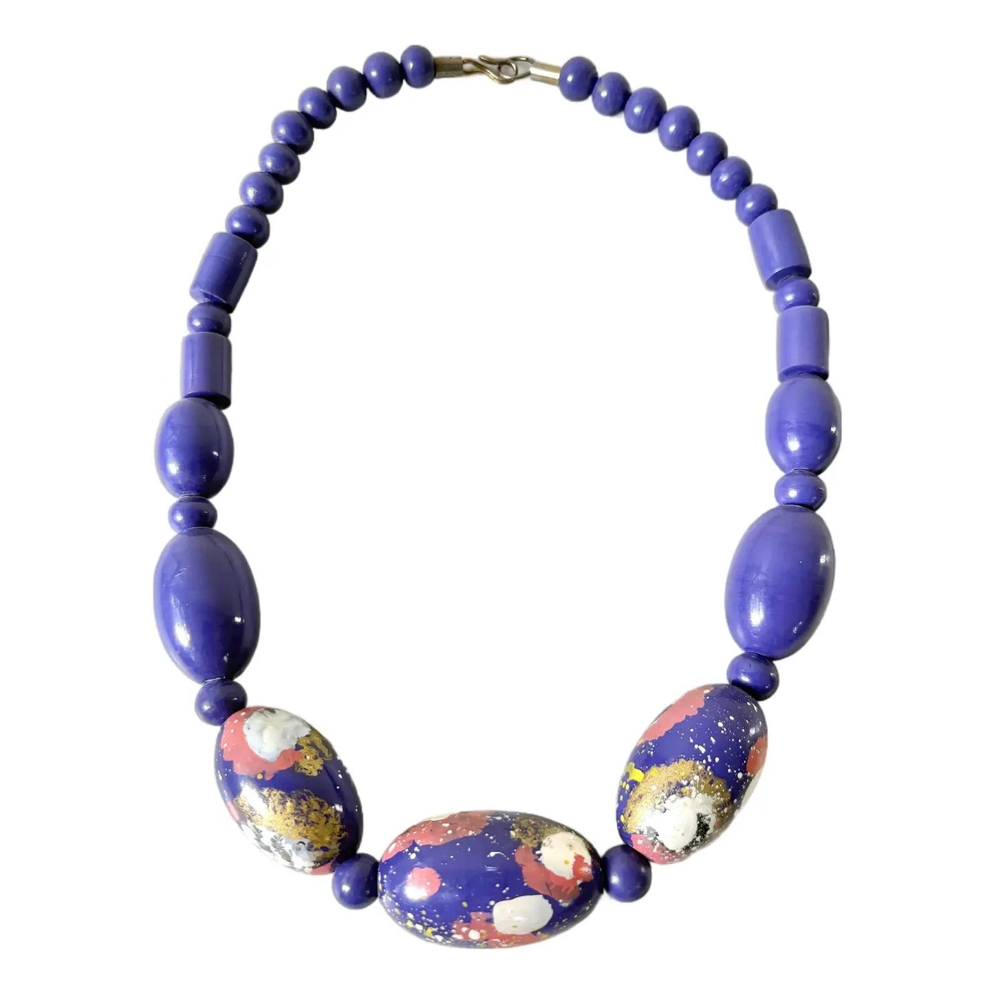 Collar de madera con cuentas pintado a mano de mediados de siglo