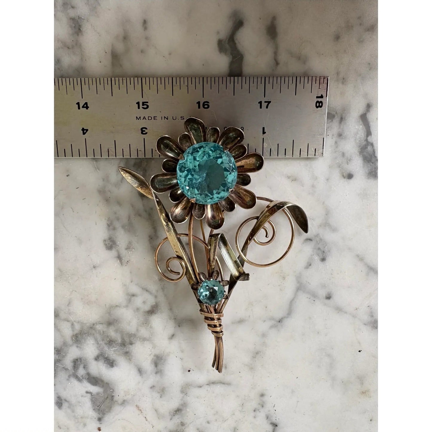 Broche Art Decó Relleno de Oro de 12k Firmado Harry Iskin Piedra Azul Grande