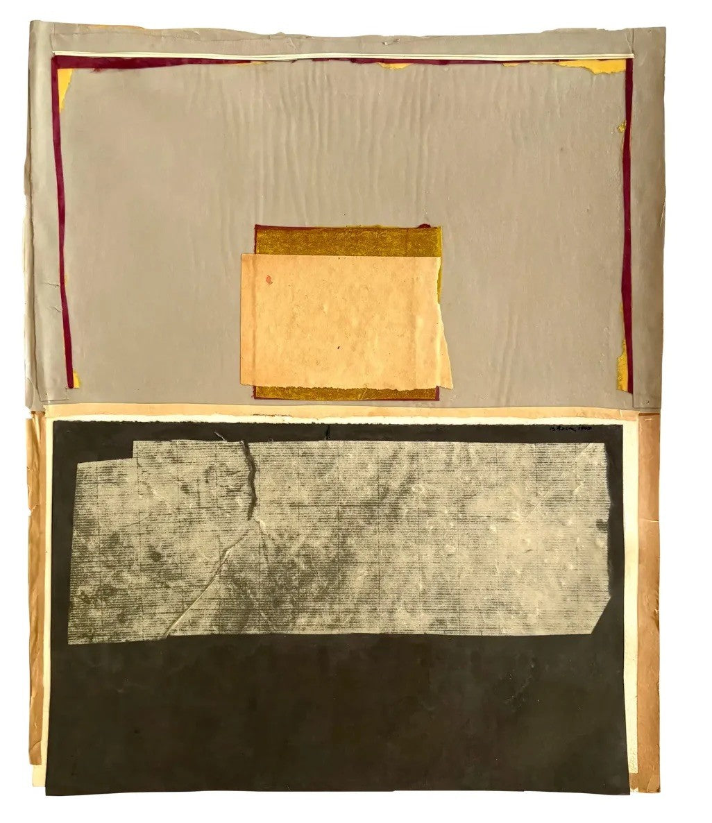 Abstract art piece with geometric shapes on a beige and black background