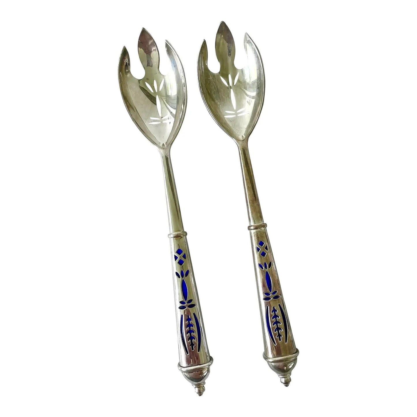 Royal Cobalt Glass and Silver Plate Serving Spoons