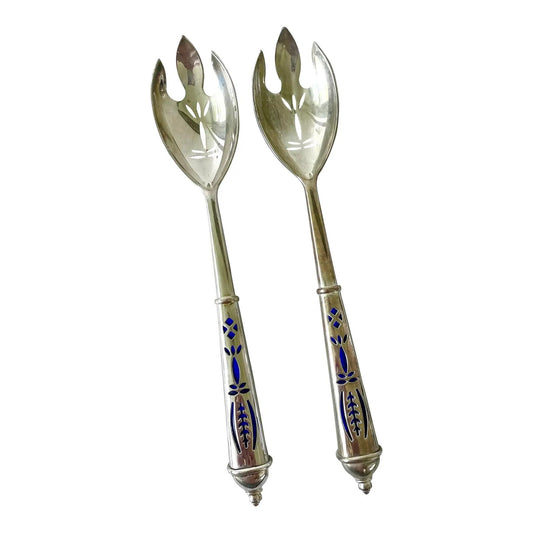 Royal Cobalt Glass and Silver Plate Serving Spoons