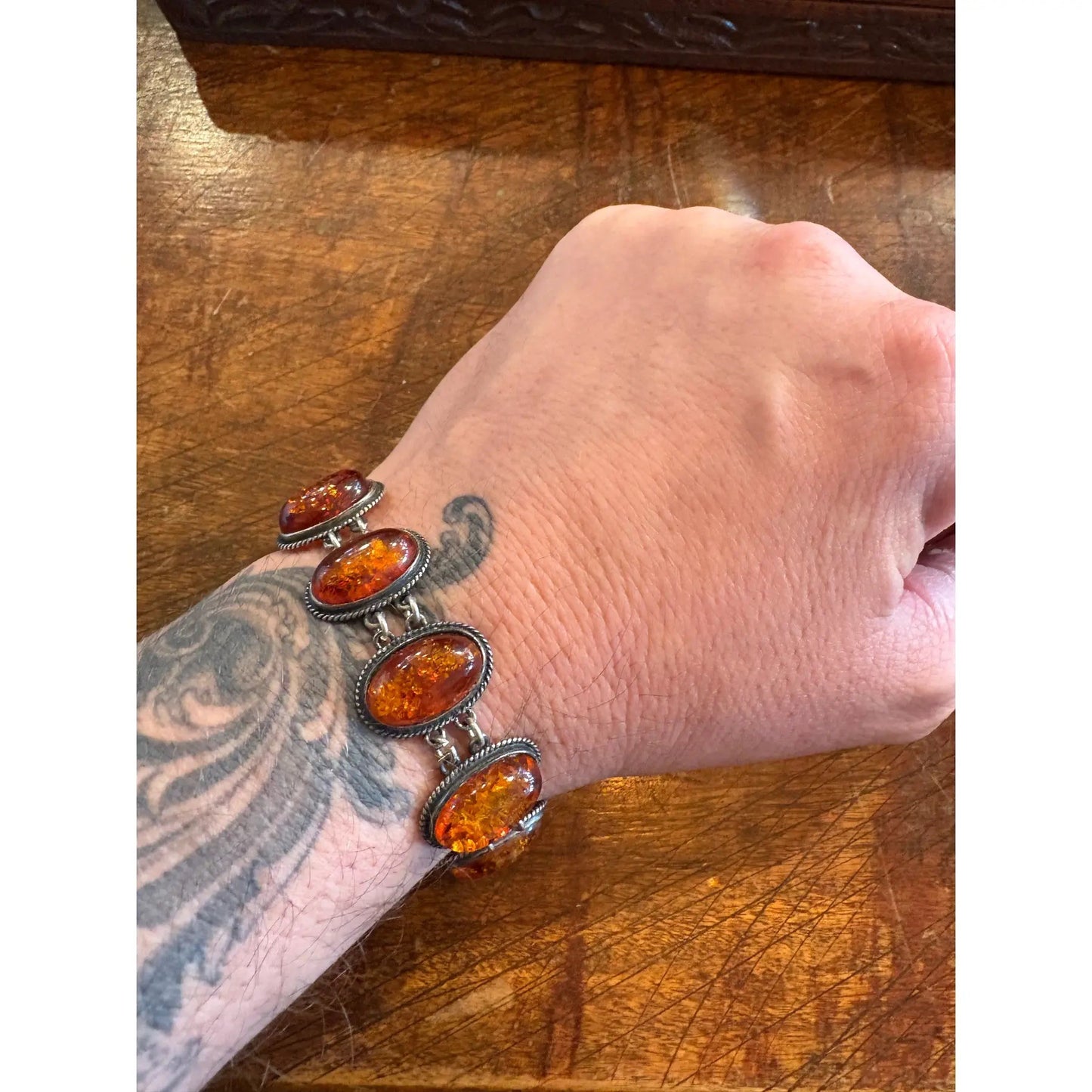 Pulsera de eslabones de plata de ley y ámbar