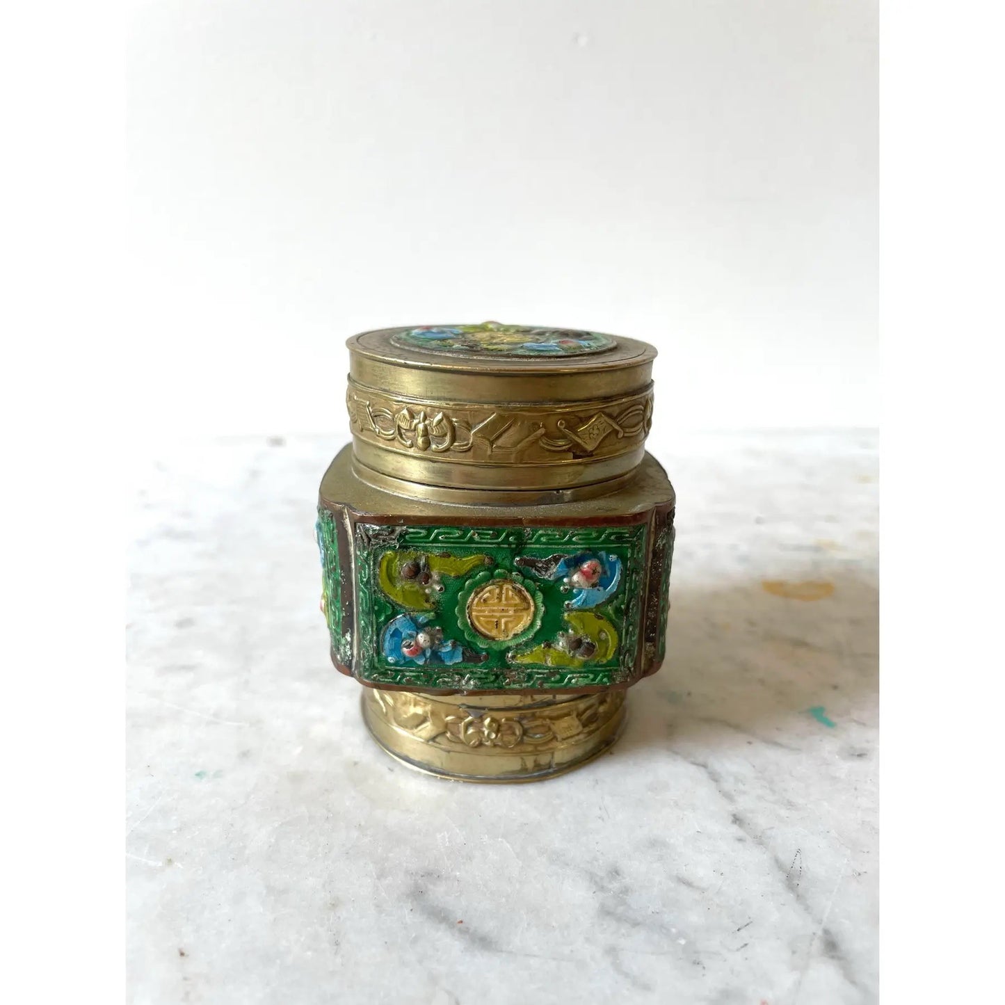 Antique Chinese Brass and Enamel Tea Box