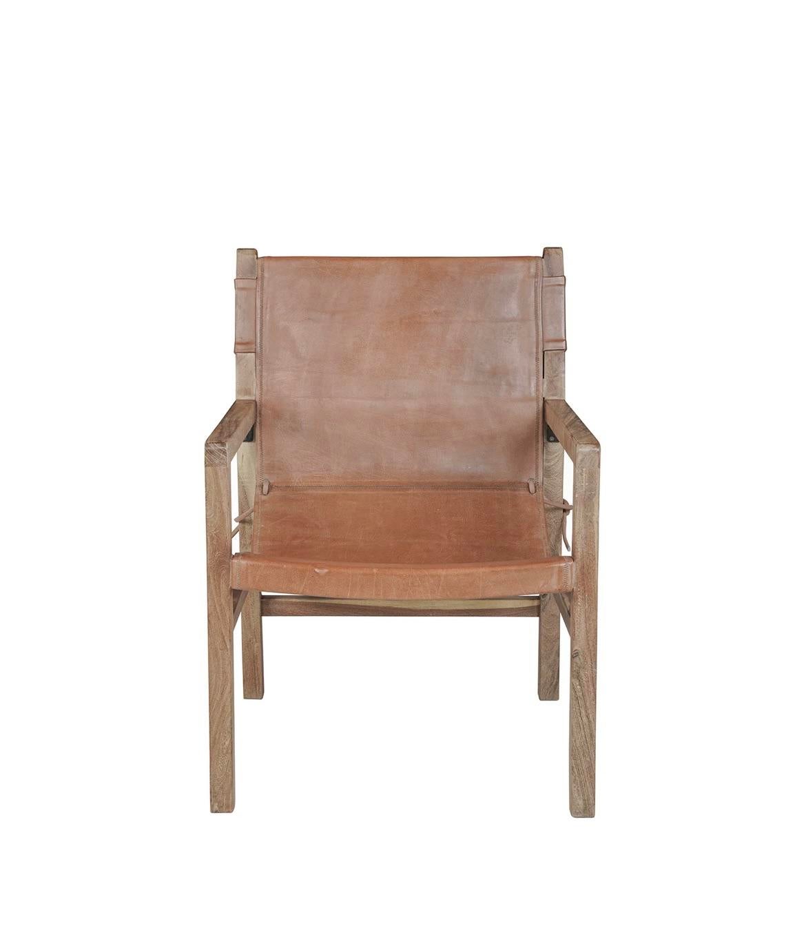 Leather and Wood Sling Chair, Matthew Izzo Home Collection