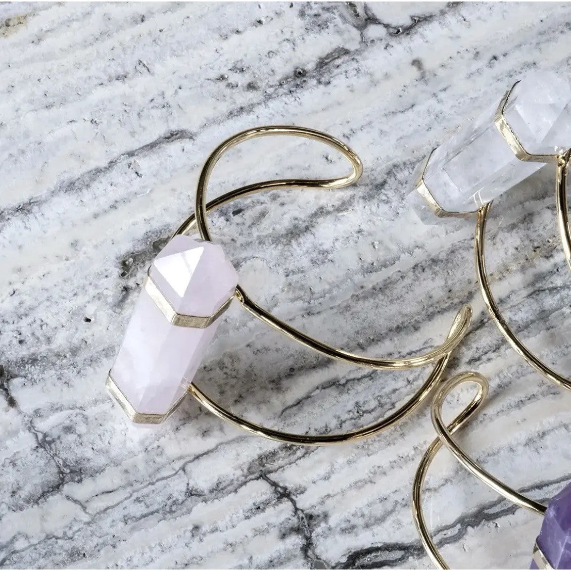 Rose Quartz and Gold Plated Wire Cuff Bracelet
