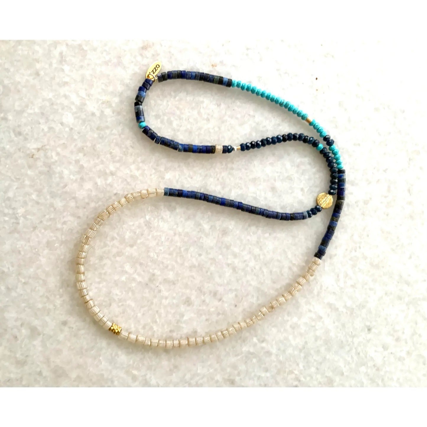 Turquoise Lapis African Trade Beads With Gold Spacers 24” Long Necklace