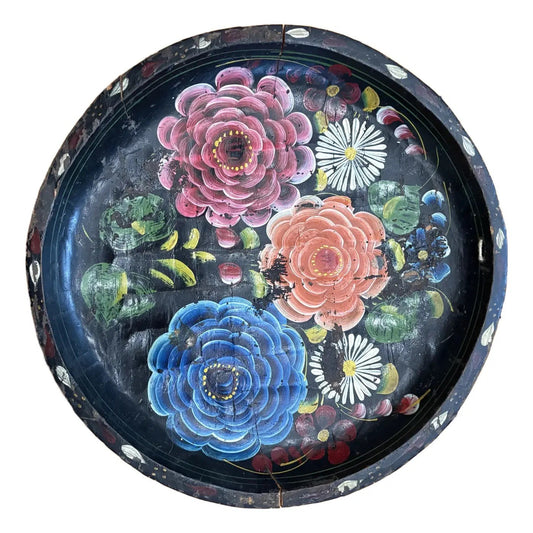 Vintage Hand Carved and Hand Painted Round Wooden Tray