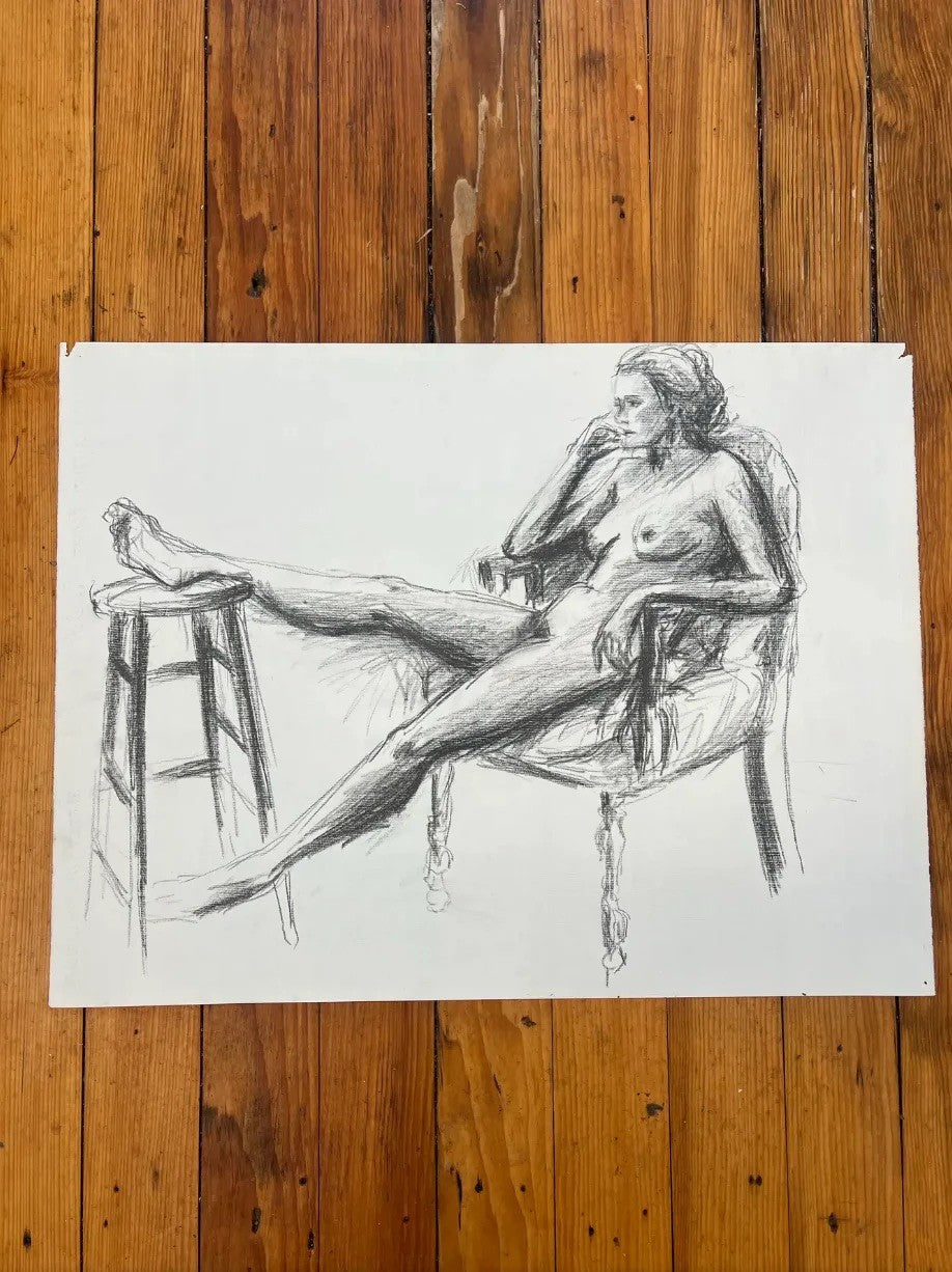 Barbara Beck 1970s Figurative Charcoal Sketch on Paper