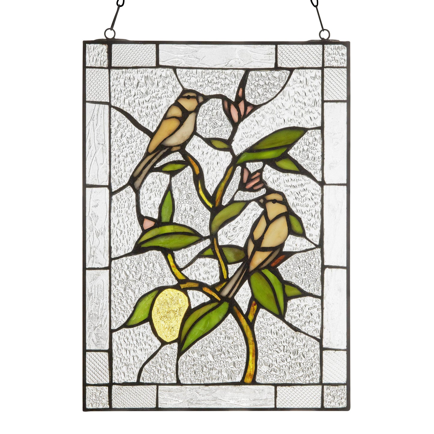 Stained Glass Birds in a Lemon Tree Window Panel 14"H