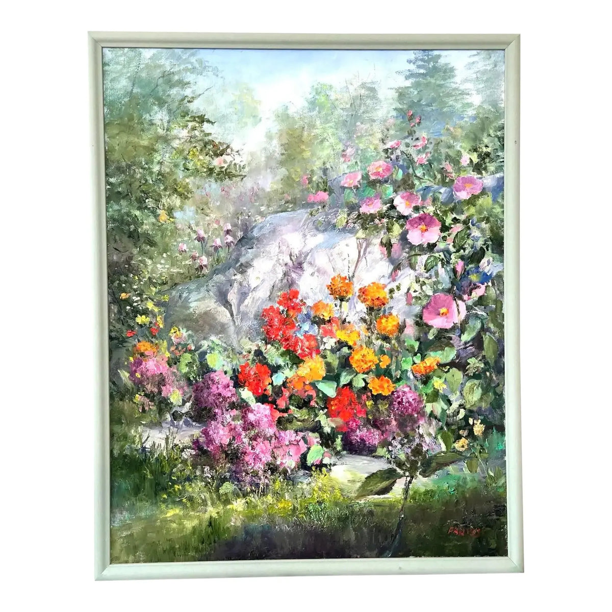 Floral Rock by Dorothy Fanizzi, 20th Century Oil Painting on Canvas, Framed
