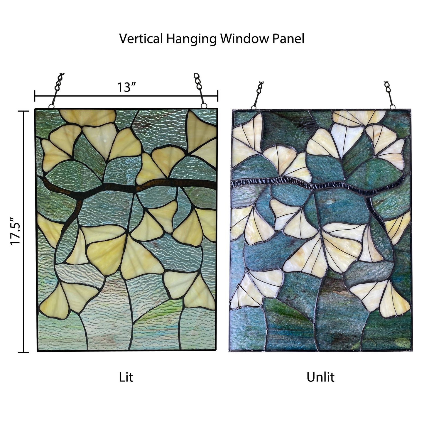 Stained Glass Robert Yellow Gingko Leaf Window Panel 17.5"H