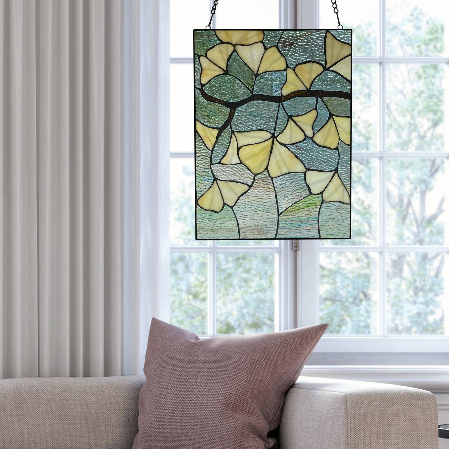 Stained Glass Robert Yellow Gingko Leaf Window Panel 17.5"H