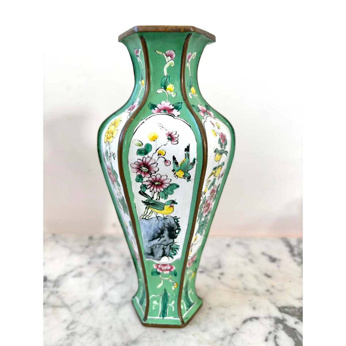 Chinese Canton Enamel Copper Hexagonal Vase With Bird and Floral Decorations