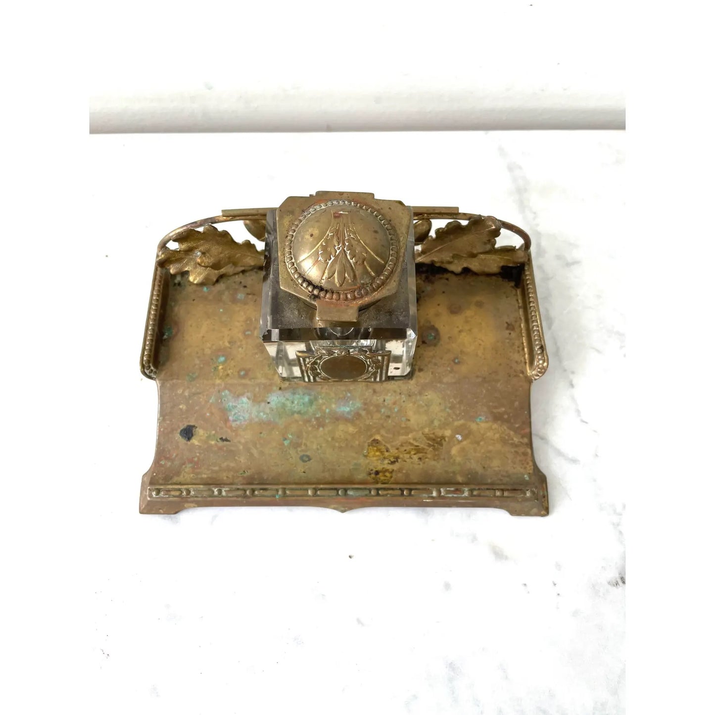 Art Nouveau Crystal and Brass Inkwell