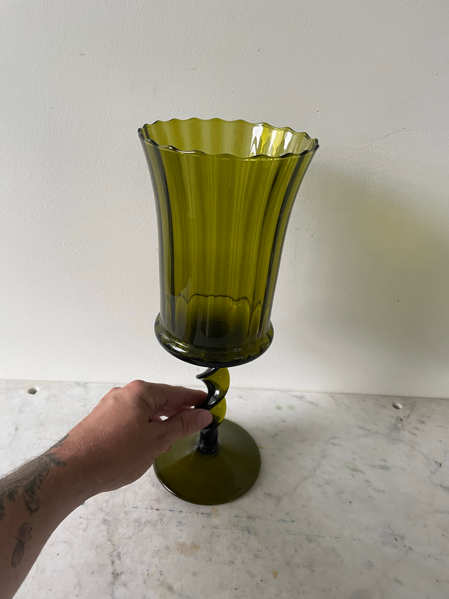 Empoli Green Glass Pedestal Vase Flared Avocado Twisted Stem