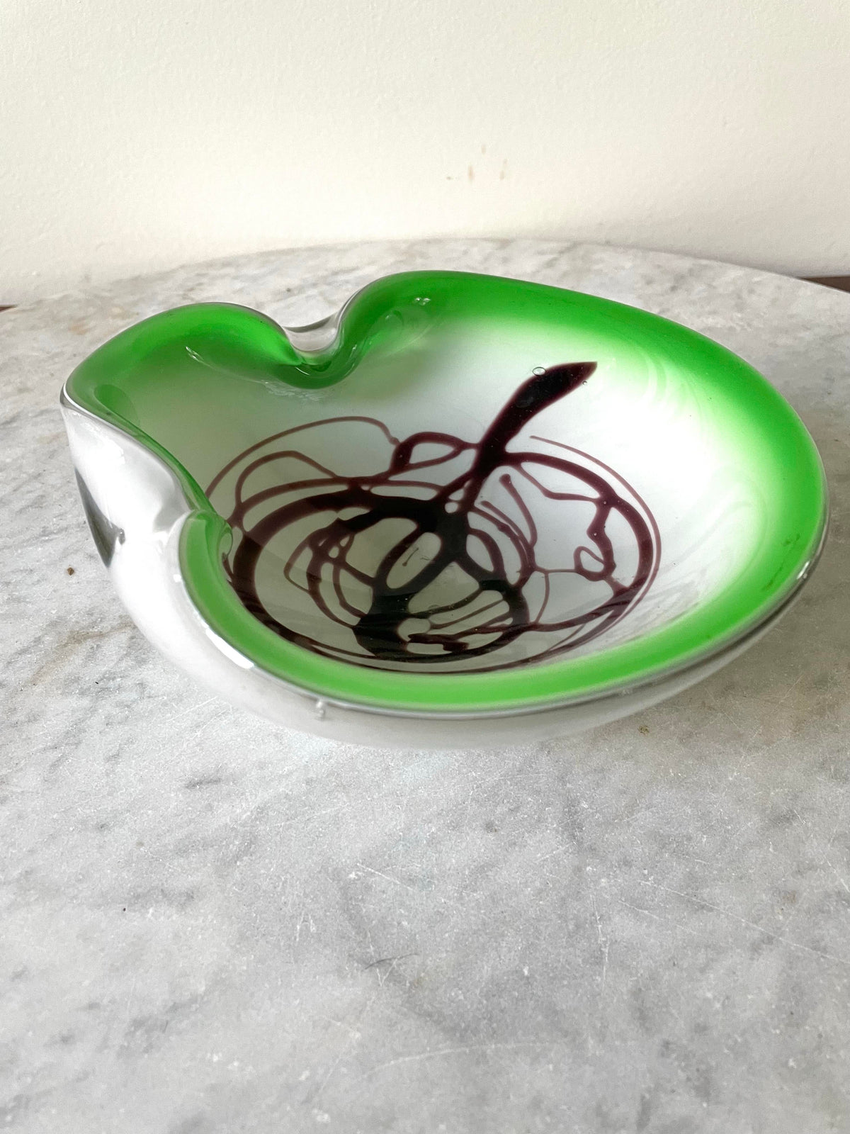 1950s Frattelli Toso Murano Glass Green Brown Swirl Design Bowl