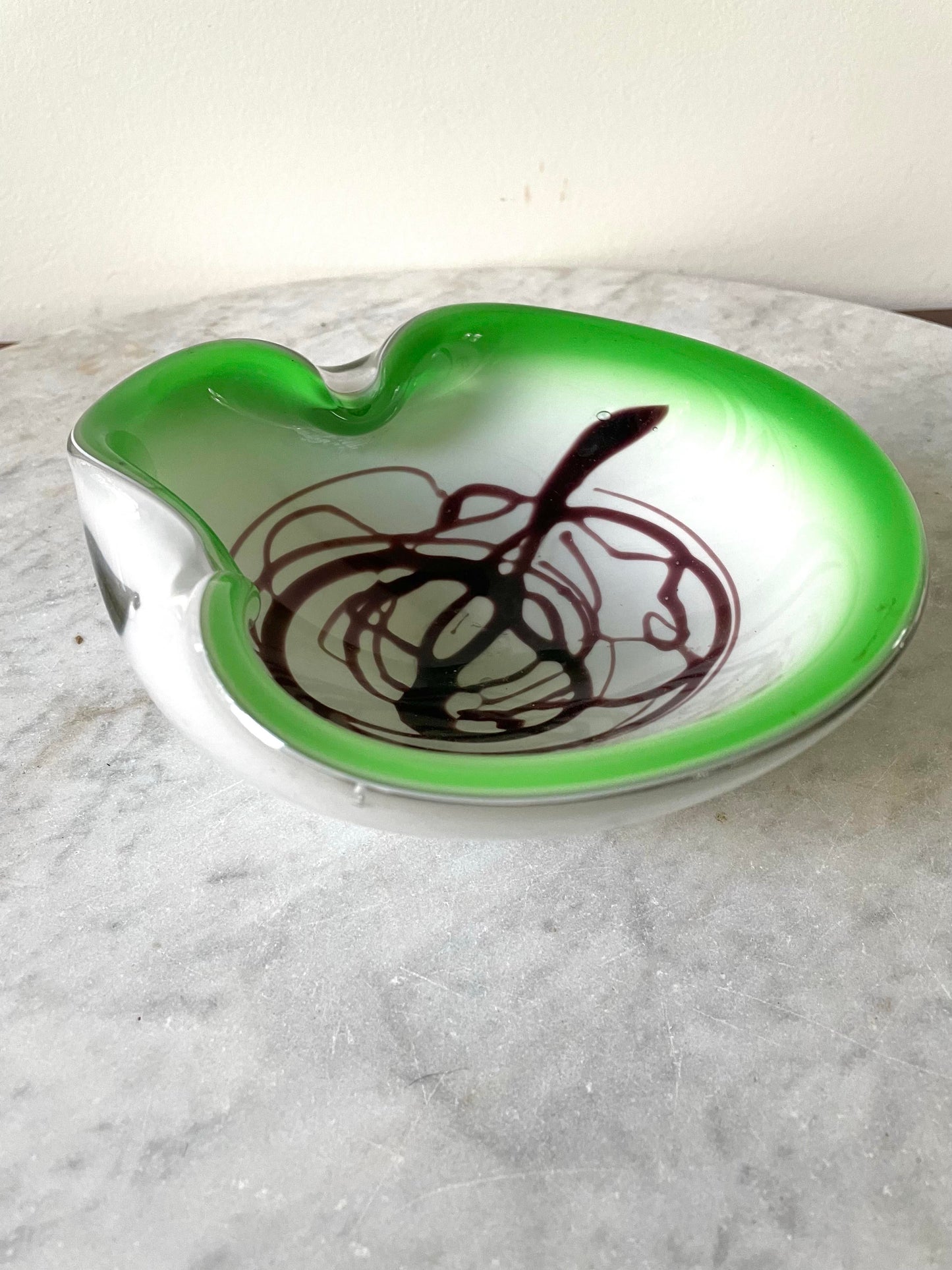 1950s Frattelli Toso Murano Glass Green Brown Swirl Design Bowl