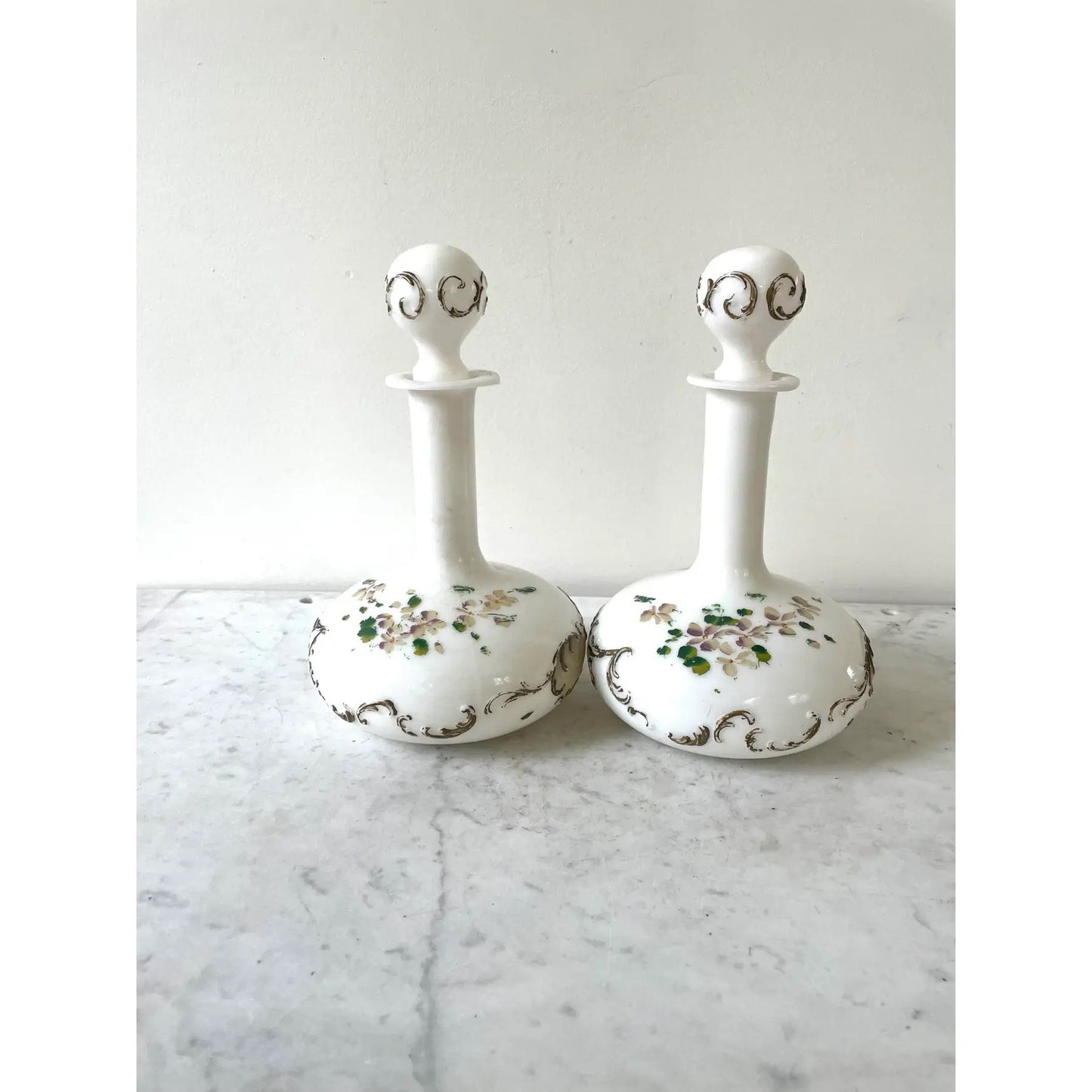 Pair of Victorian Milk Glass Decanters With Painted Flowers Design