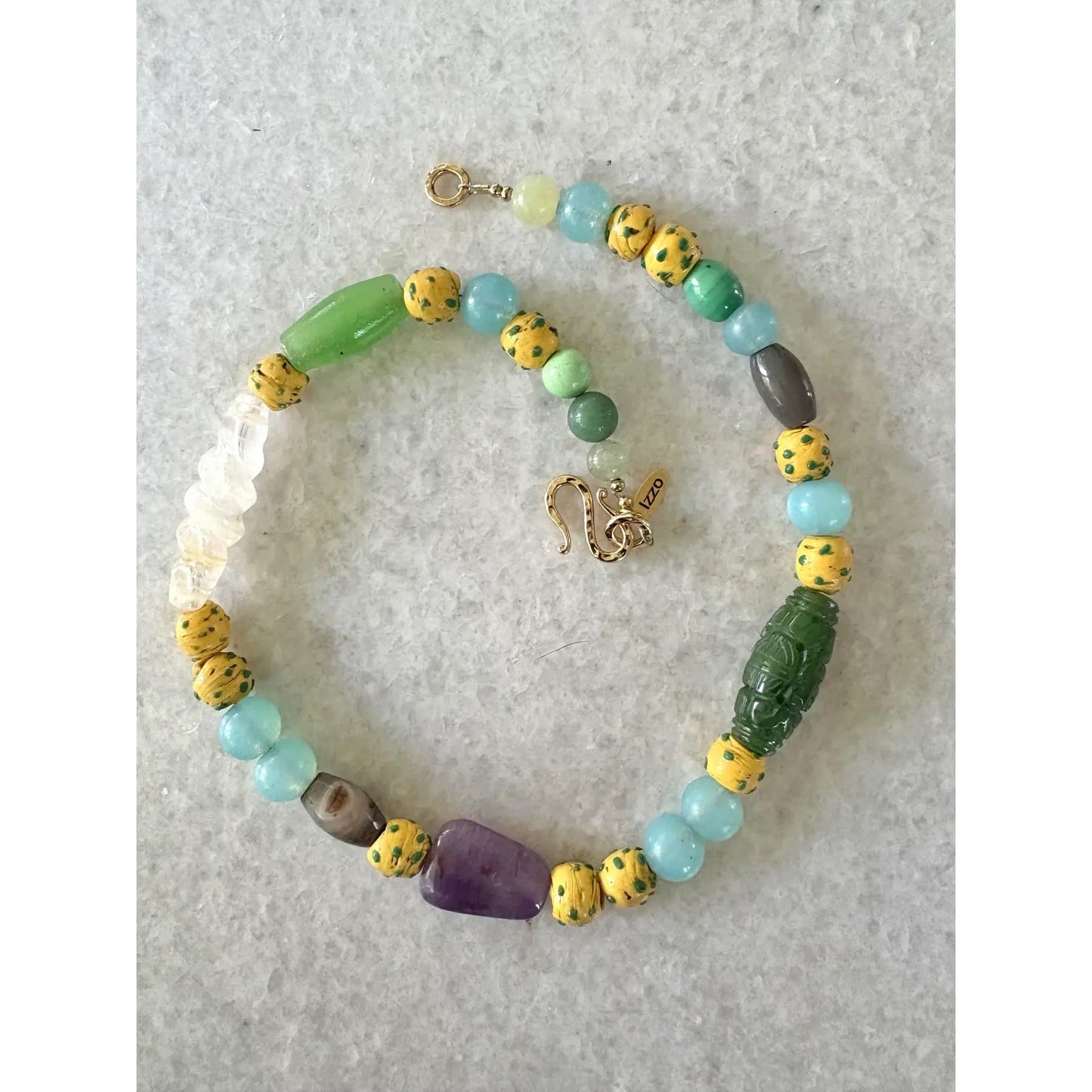 Carved Jade, Amethyst, Turquoise, Rare Ancient Venetian Glass Beaded Necklace, Designed by Matthew Izzo