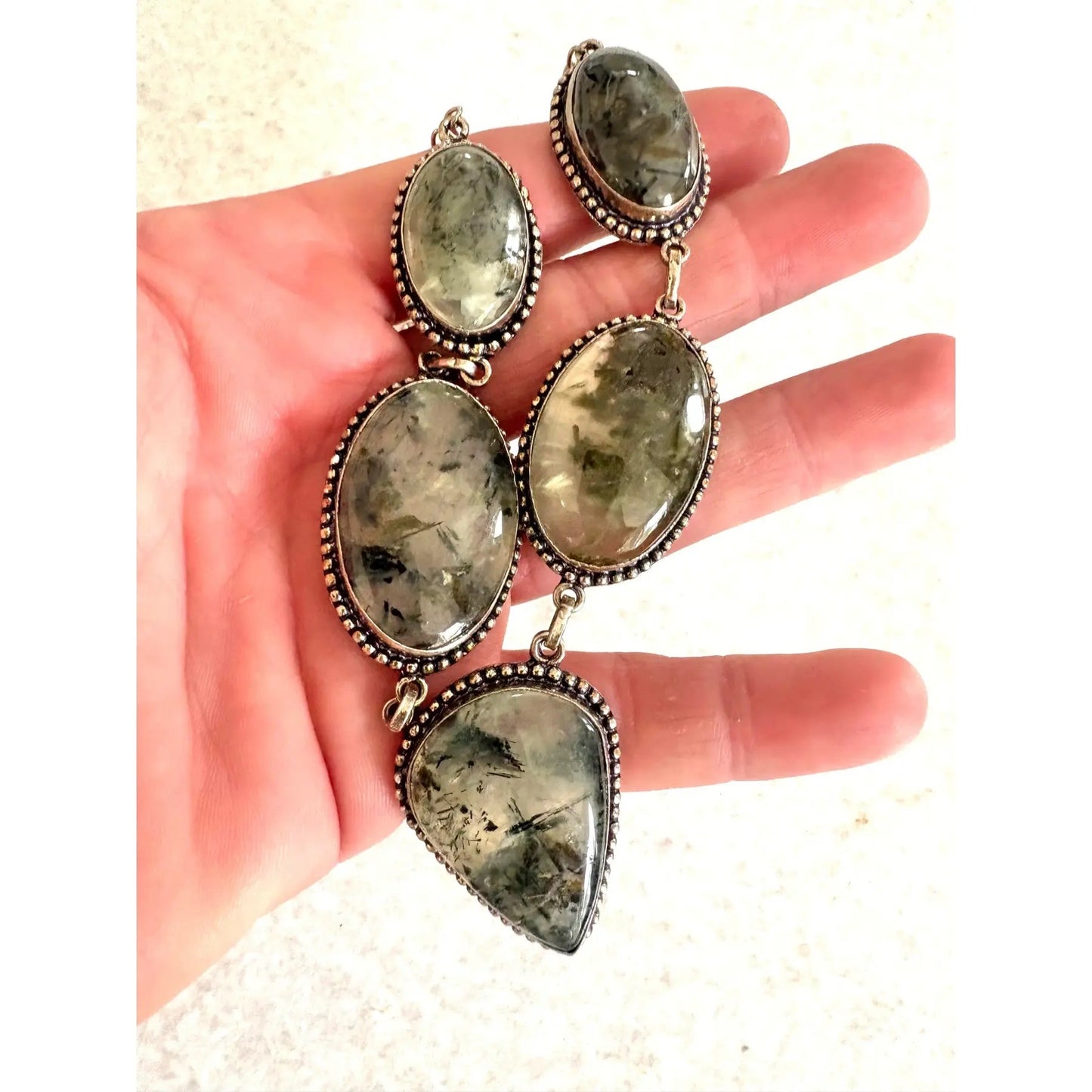 Vintage 1990s Prehnite and Sterling Silver Bib Necklace