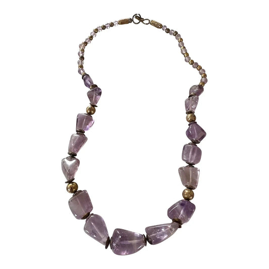 Vintage Amethyst Beaded Necklace With Gold Tone Spacers