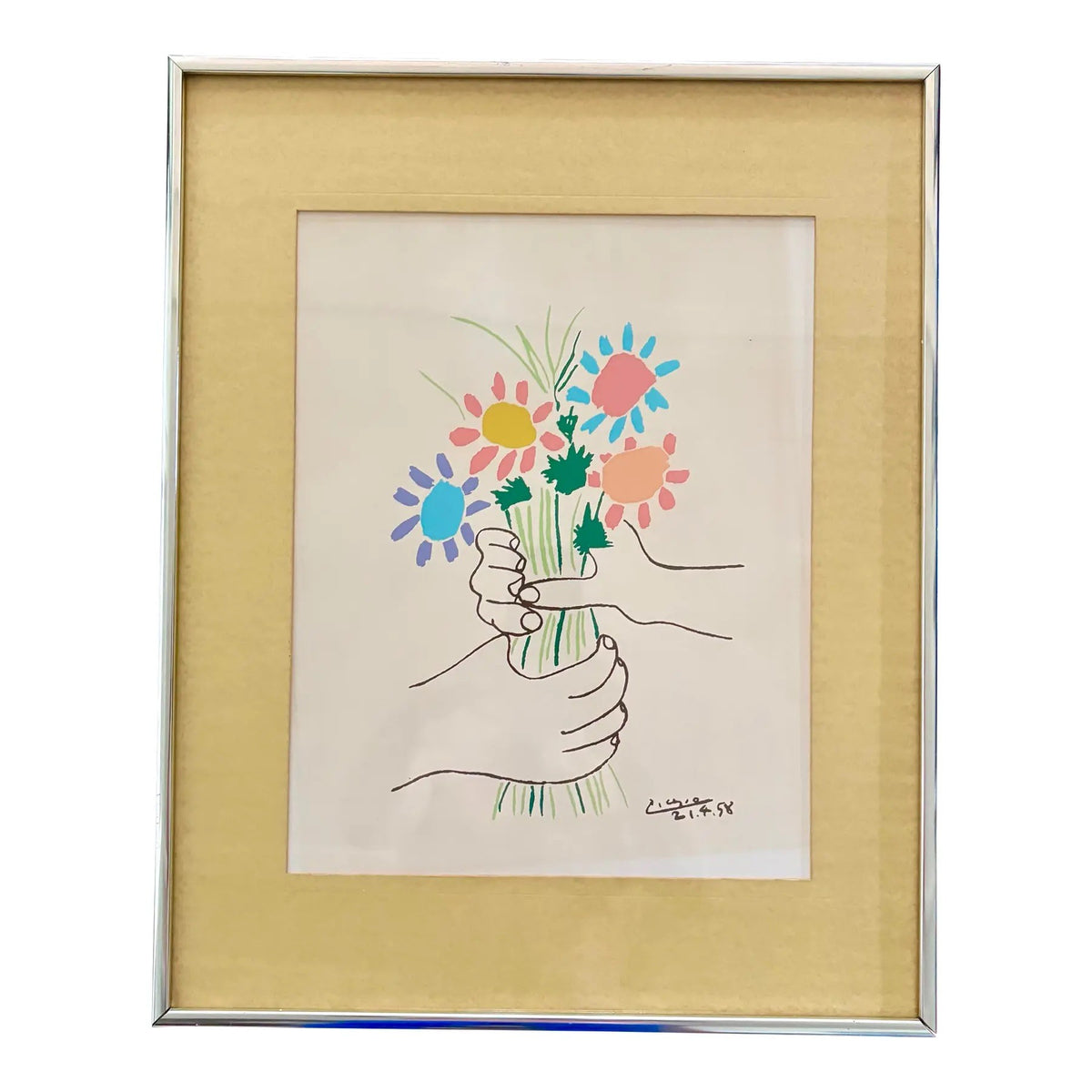 Pablo Picasso Vintage Mid Century Modernist Lithograph Print Metal Framed