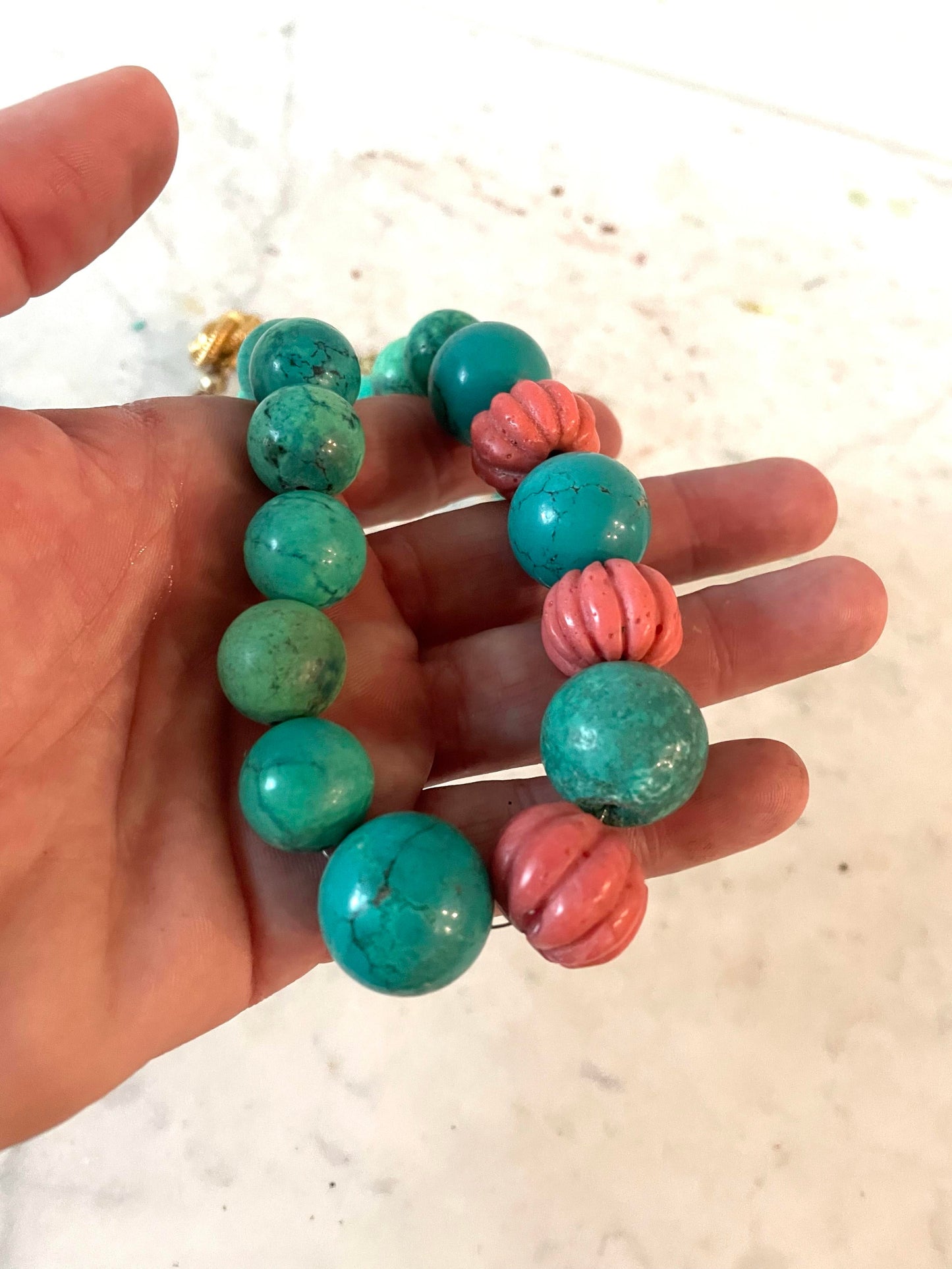 Turquoise and Antique Carved Coral Necklace by Matthew Izzo