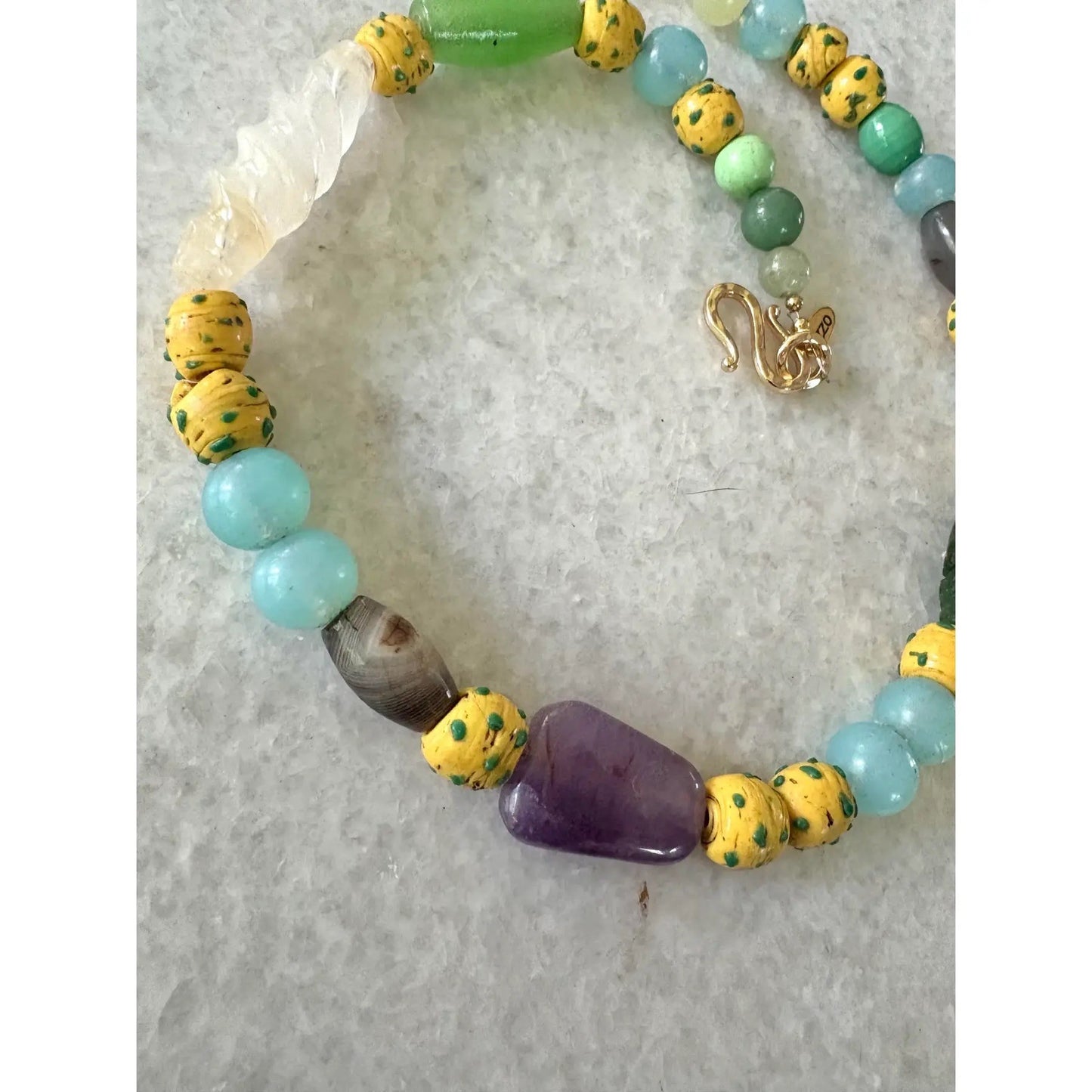 Carved Jade, Amethyst, Turquoise, Rare Ancient Venetian Glass Beaded Necklace, Designed by Matthew Izzo