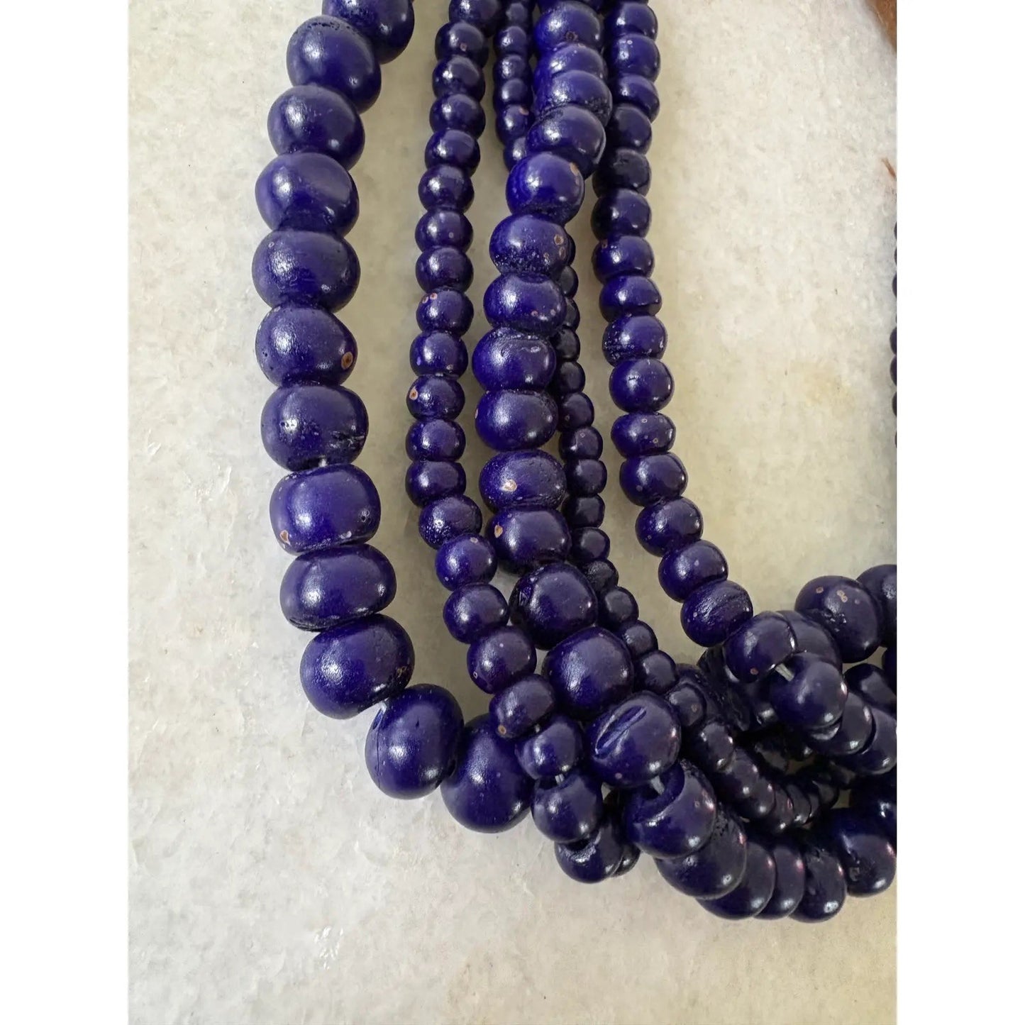 Finch, Cobalt, Blue Glass, Multi Strand, Beaded Necklace, Wood Carved Clasp