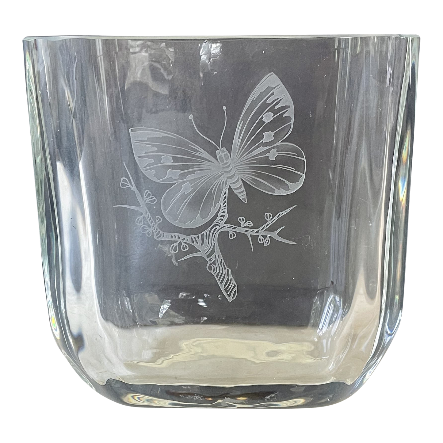 Orrefors Crystal Mid Century Scandinavian Art Glass Vase With Butterfly Design