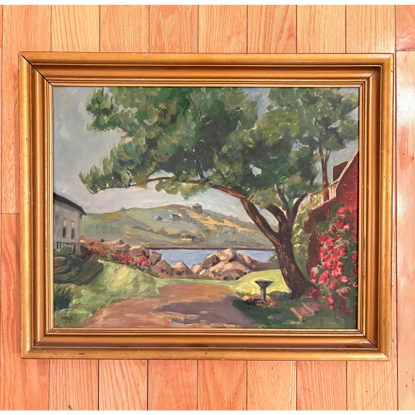 1951 Impressionist Lakeside Landscape Oil on Board Painting, Signed