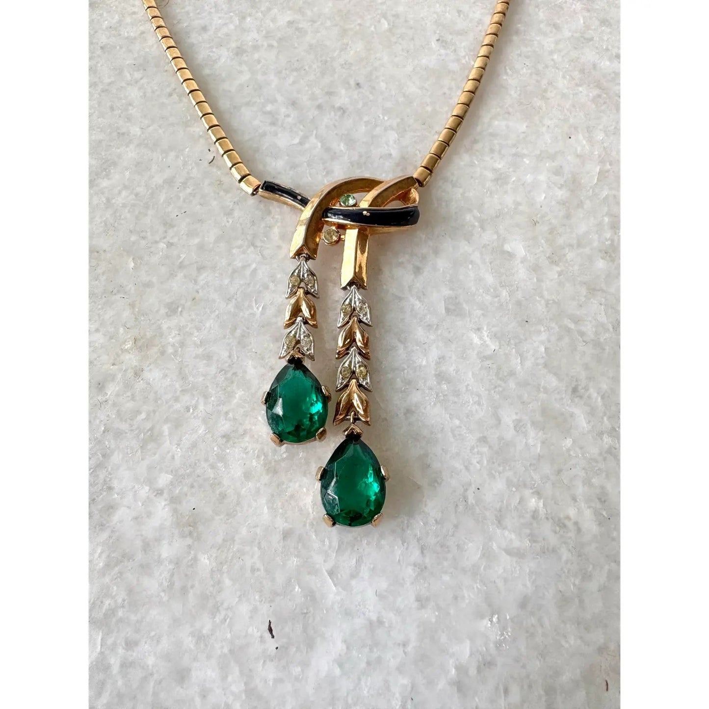 Vintage Crown Trifari Gold-Toned Emerald and Clear Rhinestone Necklace From 1949