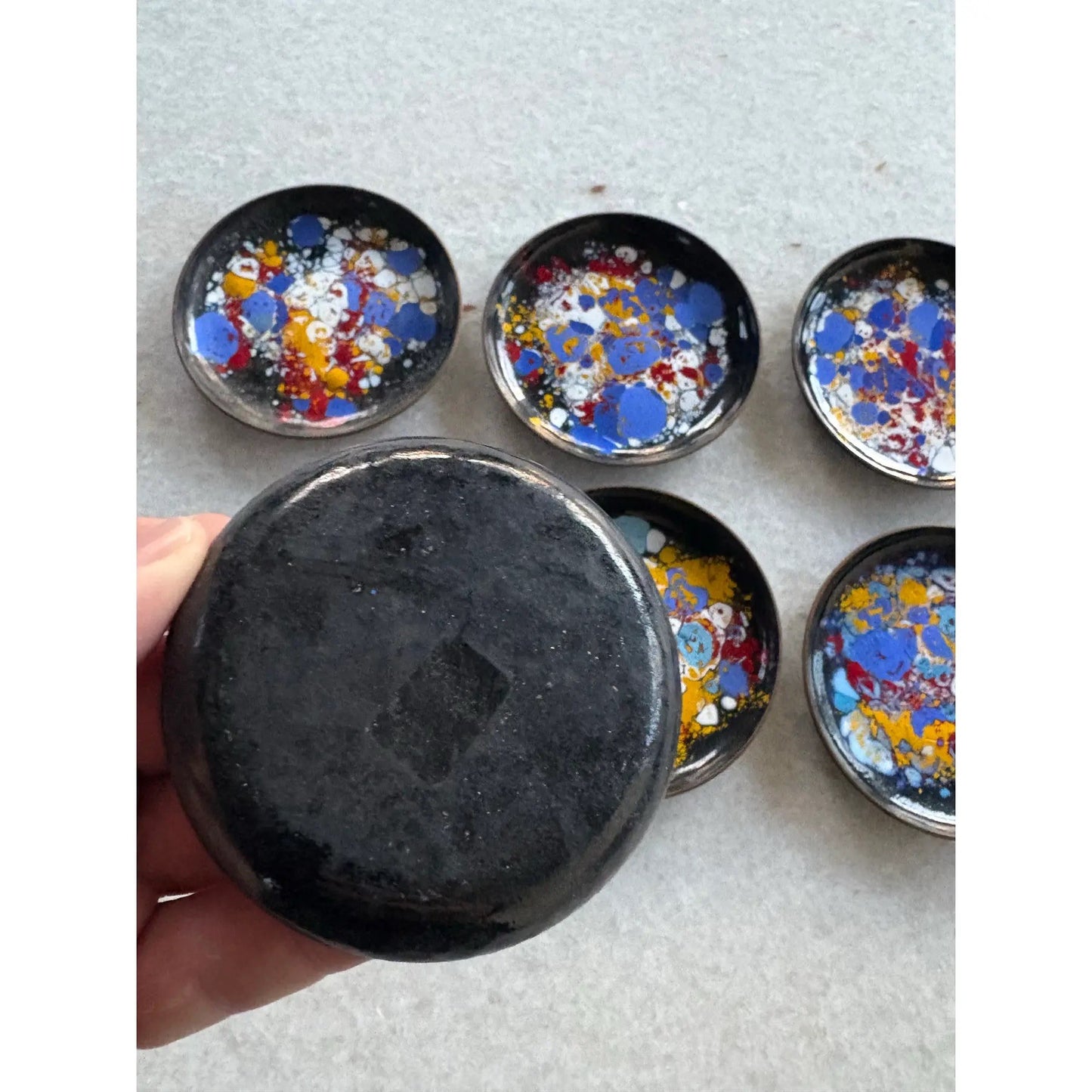 1970s MCM Copper With Enamel Painted Design Coasters, Set of 6